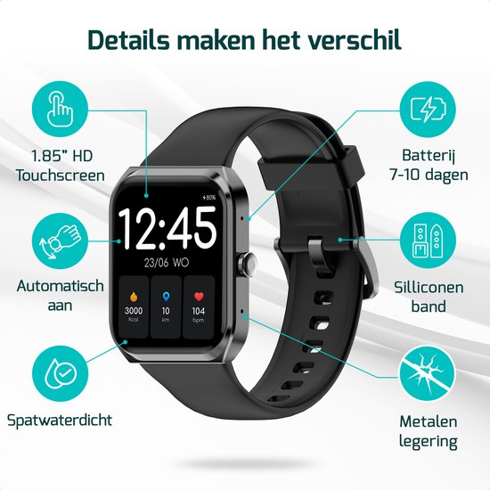 Zwarte smartwatch met 1,85" HD touchscreen. Toont tijd, Kcal, km, bpm. Spatwaterdicht, siliconen band.
