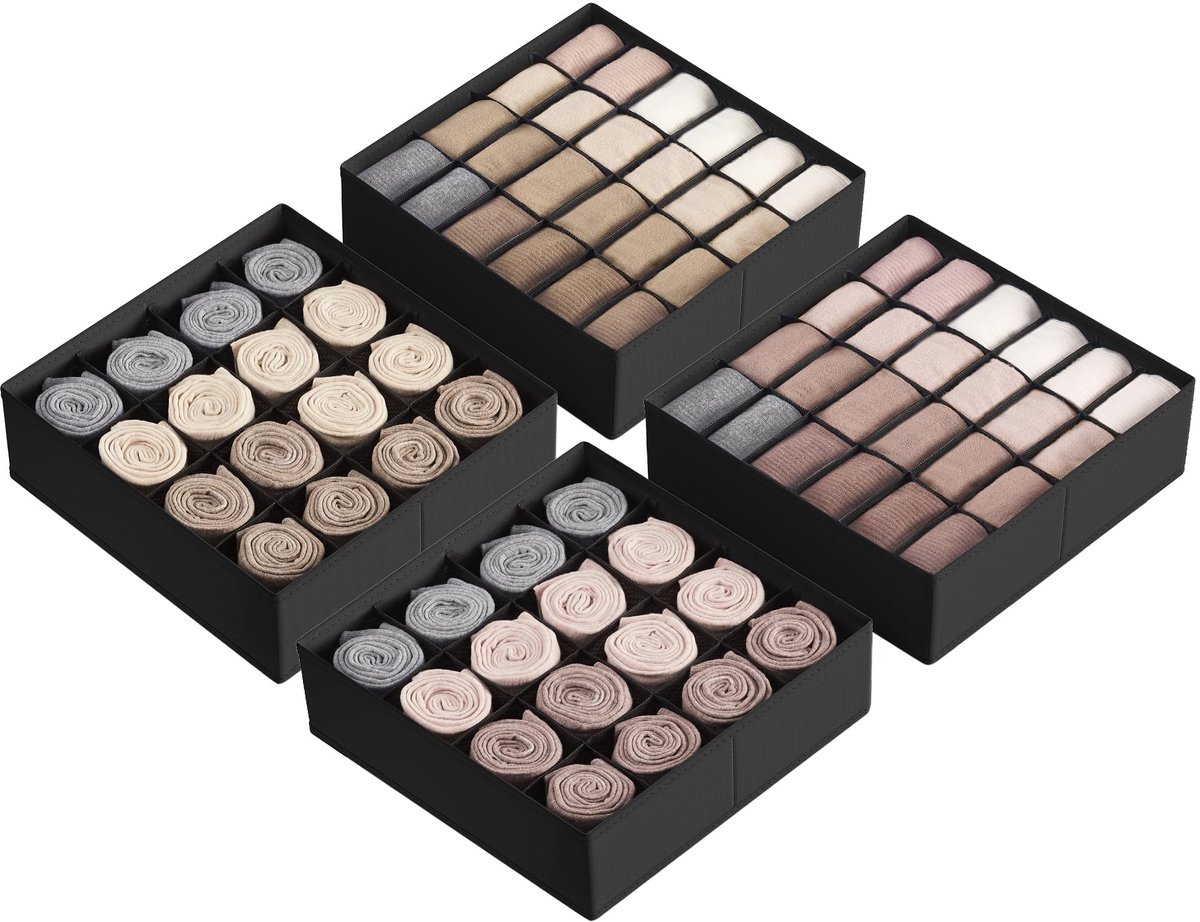 SONGMICS Ondergoedorganizerset van 4, 80 compartimenten (2x16 + 2x24), opvouwbare lade-organizer, garderobekastsysteem, opbergdozen, sokken, ondergoed, stropdassen, inktzwart RUS011B01