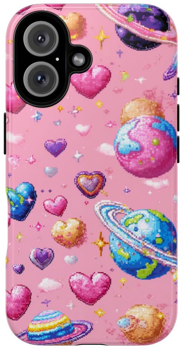 Pixel Art Harten en Planeten Patroon – Telefoonhoesje Geschikt voor iPhone 16