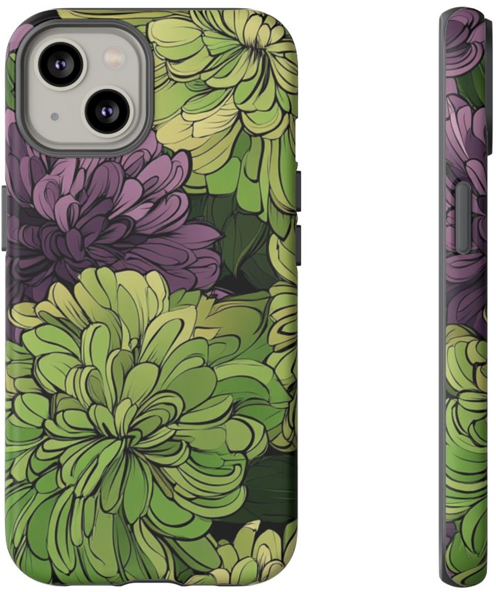 Groen-Paarse Chrysantenprint – Telefoonhoesje Geschikt voor iPhone 14