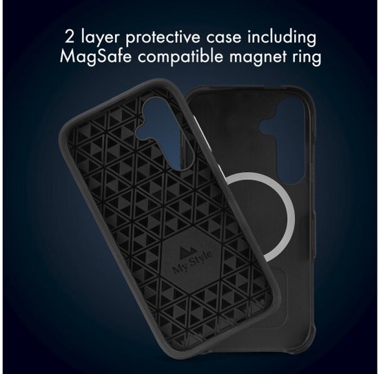 Intérieur d'une coque de téléphone noire avec un motif en nid d'abeille et un anneau magnétique compatible MagSafe.