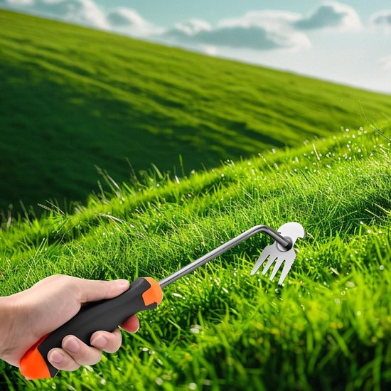 Onkruidsteker voor tuinieren - roestvrij staal - handmatige onkruidverwijderaar - tuinieren - wieden - voegenkrabber met rubberen handgreep en 4 tanden van Merkloos	 — afbeelding 3
