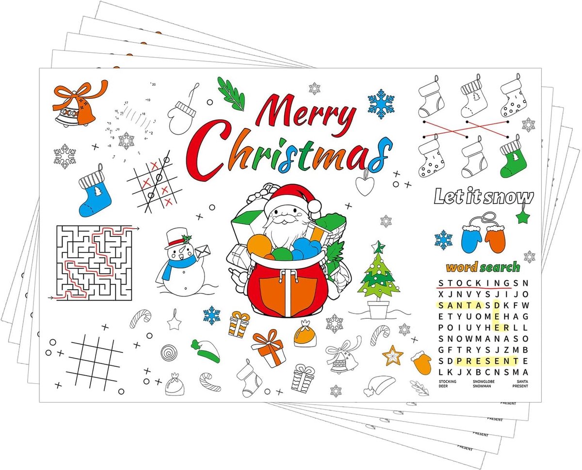 Image of 12st Kerstkleurplacemats voor Kinderen - Papieren Kerstthema-Placemats - Kerst Sneeuwman Tafelplacemats - Grappige Kerstplacemats voor Thuis - Tafelbenodigdheden en Feestdecoratie (Spelstijl 2)