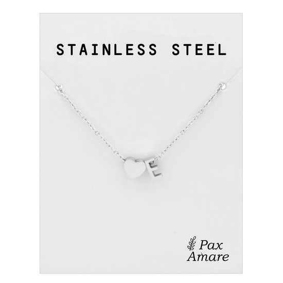 Letter E Ketting Zilverkleurig - Stainless Steel - Initiaal & Hartje Hanger - Initialen Ketting op Cadeau Kaartje - Pax Amare
