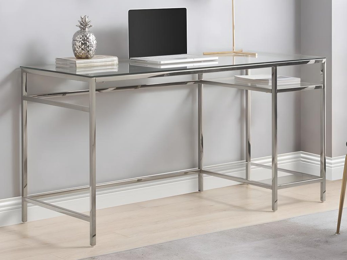 Vente-unique Bureau met 2 rekken - Gehard glas en staal - Zilverkleur - TIZIO - van Pascal Morabito