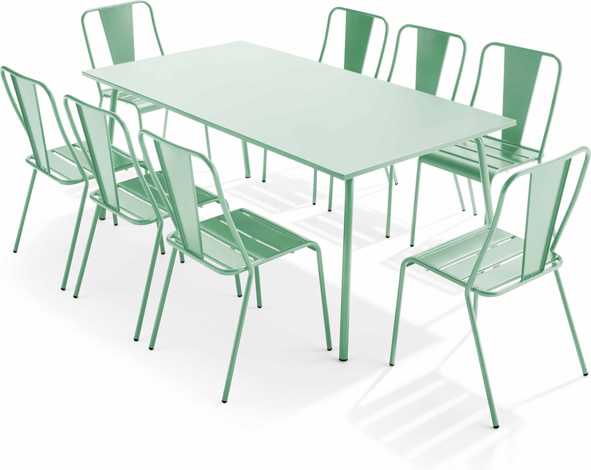 Oviala - Tuinset met tafel en 8 bistrostoelen in saliegroen staal - Palavas Oviala - Tuinset met tafel en 8 bistrostoelen in saliegroen staal - Palavas - Afbeelding 1