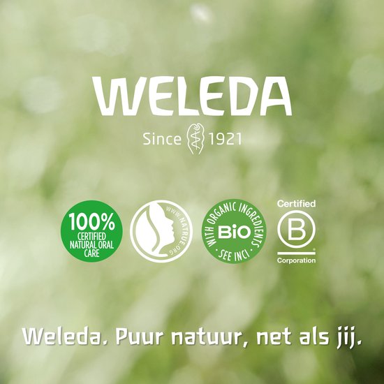Logo en tekst van Weleda 'Puurt natuur, net als jij'. Certificaten voor natuurlijke verzorging.