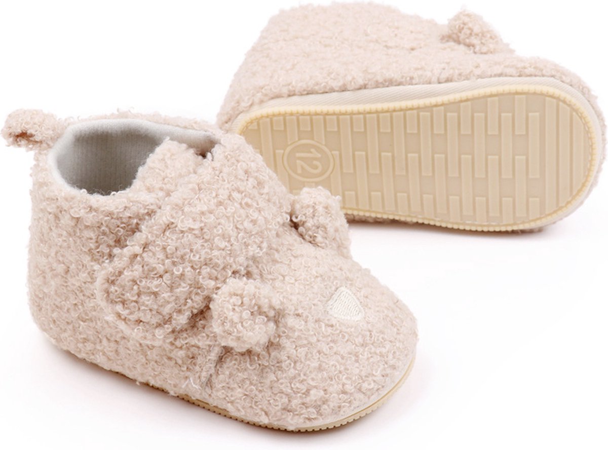 Babyschoentjes – Eerste loopschoentjes - Teddy stof - Maat 19-20 - 12cm - Beige