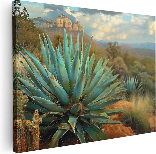 Artaza Canvas Schilderij Cactus in de Woestijn met Bergen op de Achtergrond - 120x90 - Wanddecoratie - Foto Op Canvas - Canvas Print
