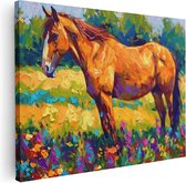 Artaza Canvas Schilderij Paard in een Veld met Bloemen - 80x60 - Muurdecoratie - Foto Op Canvas - Canvas Print