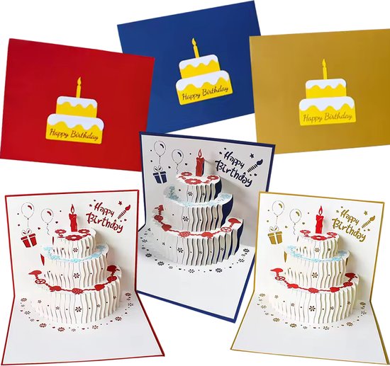 Boncy® Verjaardagskaarten met envelop 3 Pack - Wenskaarten verjaardag - Happy Birthday - 3D pop up kaarten taart - kinderen - cadeau - verjaardagskaart