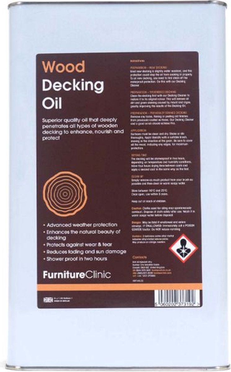 Terras planken olie 5 Liter - Decking Oil 5L - Furniture Clinic - Verbetert, voedt en beschermt alle soorten houten terrasplanken 5L - Decking Oil 5L - protect and maintain all types of wooden decking.