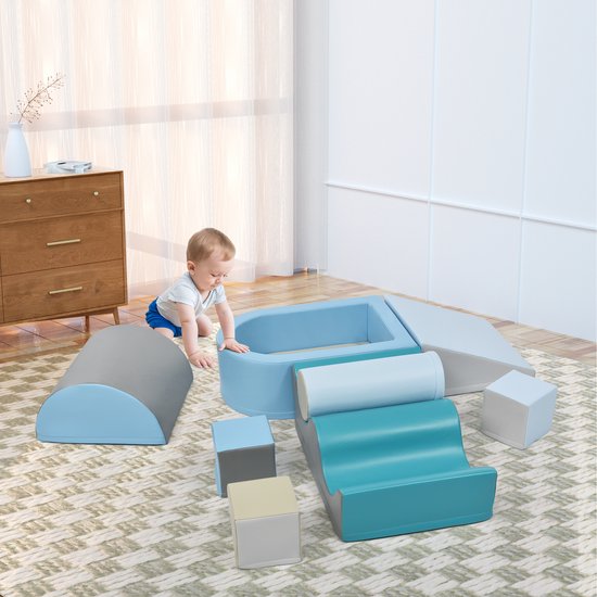 9-delige bouwstenen om rond te rennen en te klimmen. Bouwstenen voor kinderen. Trappen, glijbaan en ballenbak voor kinderen voor kleuters en baby's, zachte bouwstenen, kleurrijk. Zonder bal. van Triclimb — afbeelding 3