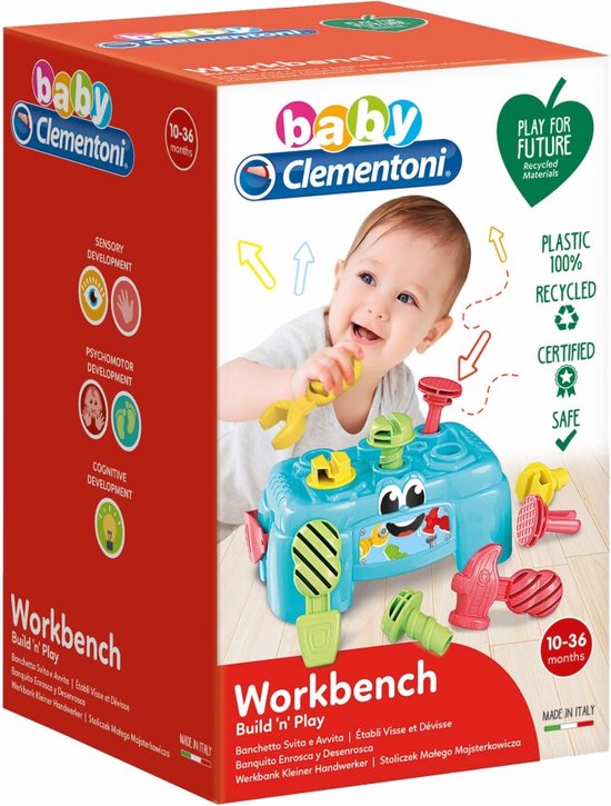 Clementoni Baby werkbank in blauw met vriendelijk gezichtje, hamers, schroeven en moeren in rood, groen en geel.