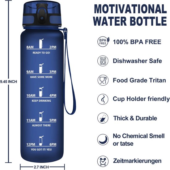 Gourde Sport 1 Litre,Bpa-Free & Anti-Fuite Flip Bouteille,Bouteille D'Eau Avec Paille,Avec