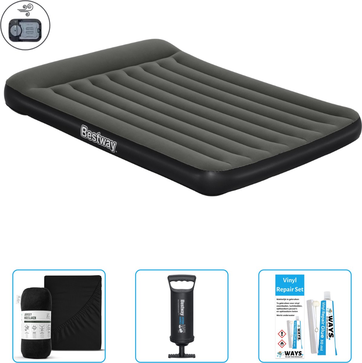 Bestway luchtbed - 2-Persoons - 152 x 203 x 30 cm - Groen - Inclusief pomp - Hoeslaken - Pomp en Reparatieset