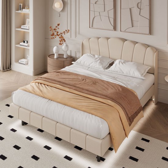 Sweiko Gestoffeerd bed, met bewegingsgevoelige LED-verlichting onder het hoofdeinde, bed- en voetlichtstrips, 140*200, matras niet inbegrepen, fluweel, beige