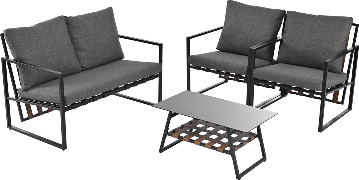 Merax Loungeset Tuin 4 Personen met Salontafel – Moderne Tuinset met Bank en 2 Tuinstoelen – Weerbestendig – Met Kussens en Glazen Tafelblad – Zwart met Grijs – Wasbare Hoezen