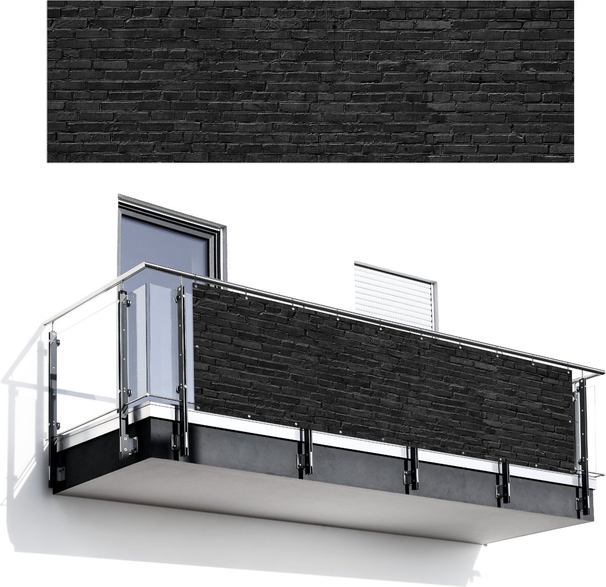 Balkonscherm 300x90 cm - Balkonposter Steenlook - Bakstenen - Grijs - Balkon scherm decoratie - Balkonschermen - Balkondoek zonnescherm