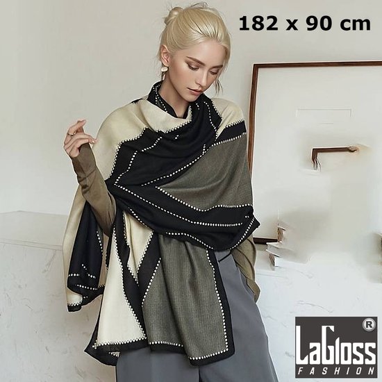 LaGloss® Luxe XL Sjaal Geometrisch Zwart/Beige - Winddicht & Zonbeschermend - Zwart Wit Kleurblok - Omslagdoek - 182 x 90cm