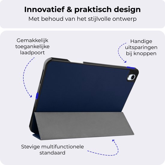 Étui de tablette bleu foncé avec fonction support, port de chargement et découpes pour boutons.
