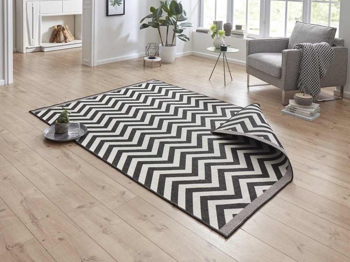 Flycarpets Omkeerbaar Vloerkleed - Binnen & Buitenkleed Palma- Zwart / Creme - 240x340 cm