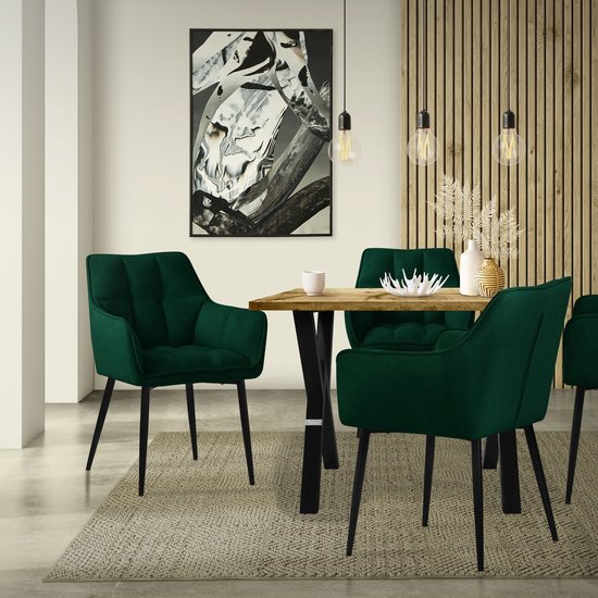 ML-Design eetkamerstoelen set van 4 gemaakt van badstof, donkergroen, keukenstoel met dikke gestoffeerde zitting & metalen poten, woonkamerstoel met rugleuning en armleuningen, gestoffeerde stoel
