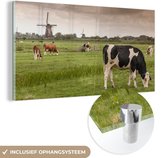 MuchoWow® Glasschilderij 160x80 cm - Schilderij acrylglas - Koeien - Molen - Nederland - Foto op glas - Schilderijen