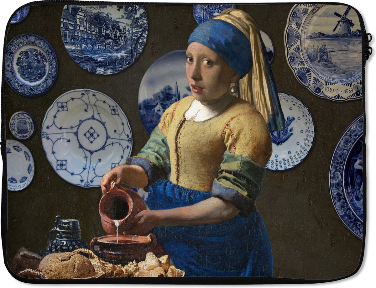 Laptophoes 17 inch - Melkmeisje - Meisje met de parel - Vermeer - Laptop sleeve - Binnenmaat 41x28 cm - Zwarte achterkant
