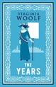 Boekomslag met een blauw patroon en een illustratie van een vrouw in een blauwe jurk met hoed, die een spandoek vasthoudt. De tekst 'VIRGINIA WOOLF THE YEARS' staat erop.