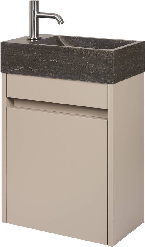 Saqu Florence Toiletmeubel - 40x22x60 cm - Voorgemonteerd - in Mat Greige met Hardste Fontein Links - Fonteinmeubel - WC Kastje - WC Meubel