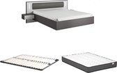 Bed met hangende nachtkastjes 160 x 200 cm - Met ledverlichting - Grijs en wit + bedbodem + matras - SEGOLA L 256 cm x H 92 cm x D 208 cm
