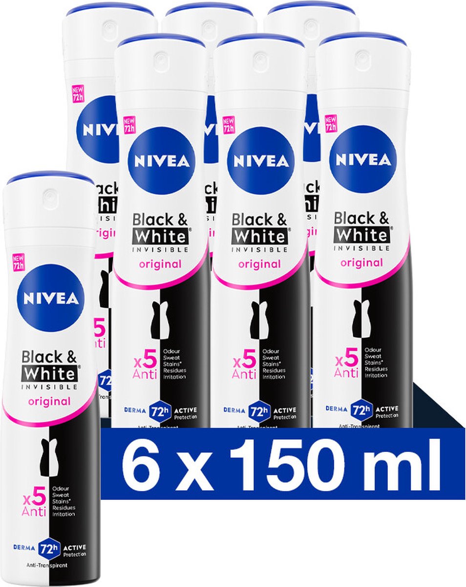 Goedkoopste NIVEA Invisible For Black & White Clear Anti-Transpirant Deodorant Spray - Original - Geen witte of gele vlekken - 72 uur bescherming - Antibacterieel - 6 x 150 ml - Voordeelverpakking