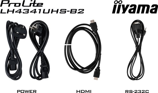 Kabels voor Iiyama ProLite LH4341UHS-B2: netsnoer, HDMI-kabel en RS-232C-kabel.