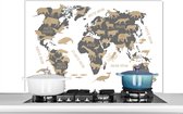 Spatscherm keuken 100x65 cm - Kookplaat achterwand Wereldkaart - Grijs - Dieren - Muurbeschermer - Spatwand fornuis - Hoogwaardig aluminium