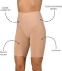 Hoge corrigerende tailleshort in huidskleur met lange pijpen, met pijlen die wijzen naar correctie, zachte naden en ademend.