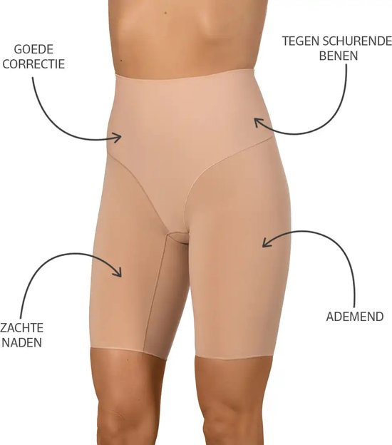 Hoge corrigerende tailleshort in huidskleur met lange pijpen, met pijlen die wijzen naar correctie, zachte naden en ademend.