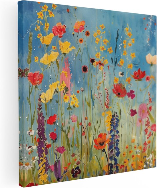 Artaza Canvas Schilderij Kleurrijke Bloemen in een Veld - Foto Op Canvas - Canvas Print