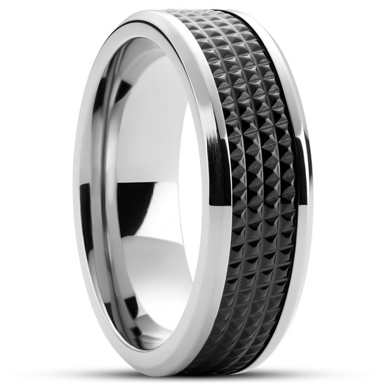 Hyperan | 8 mm Zilverkleurige Titanium Ring met Zwart Diamantpatroon