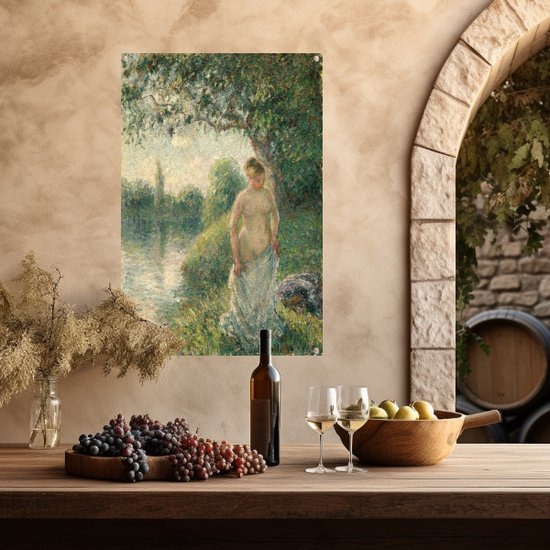 La baigneuse, femme près de l'eau sous un arbre, style impressionniste, sur un mur près de vin.