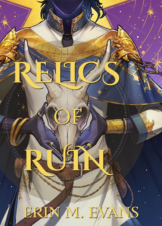 Boekkaft met een figuur in een blauw en gouden gewaad, die een schedel vasthoudt. De titel 'Relics of Ruin' staat in goud.