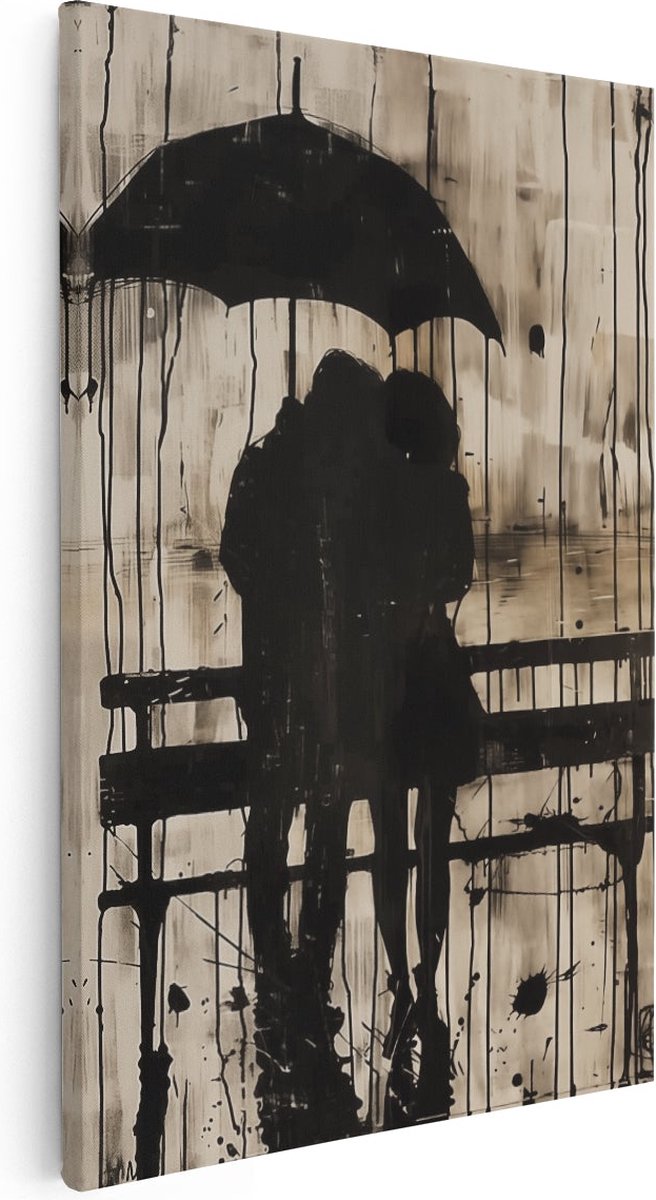 Artaza Canvas Schilderij Twee Mensen op een Bankje onder een Parasol - 80x120 cm - Groot - Wanddecoratie Woonkamer - Schilderijen - Muurdecoratie