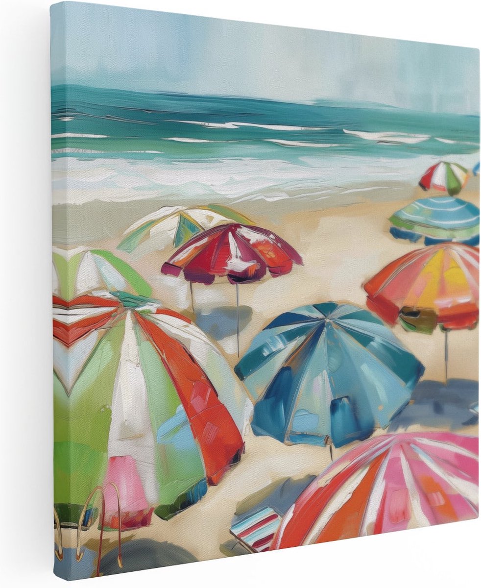Artaza Canvas Schilderij Strand Zee - 80x80 cm - Wanddecoratie Parasols - Muurdecoratie Ku