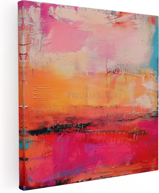 Artaza Canvas Schilderij Abstract Kunstwerk met Roze, Oranje en Blauwe Kleuren - 80x80 - Groot - Foto Op Canvas - Canvas Print