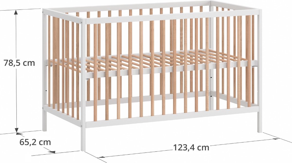 Petite Amélie ® Ledikant - 60 x 120 cm - Lattenbodem instelbaar in 3 hoogtes - Geschikt tot ongeveer 2 jaar - Stevig Bed dankzij Massief Hout & Sterk Plaatmateriaal - Wit & Naturel – foto 3