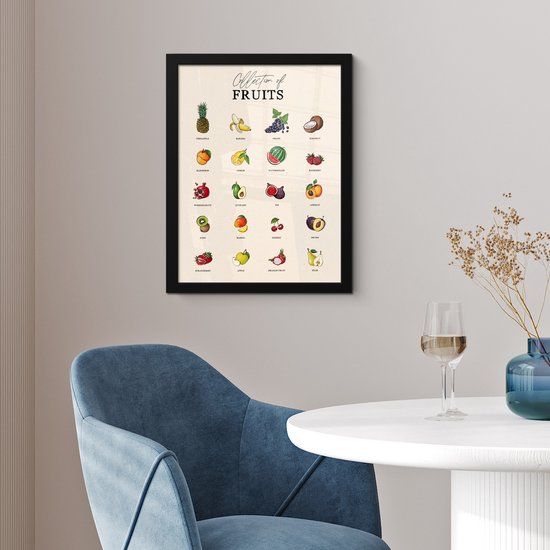 Une affiche avec des illustrations colorées de différents fruits, tels que ananas, banane et raisins.