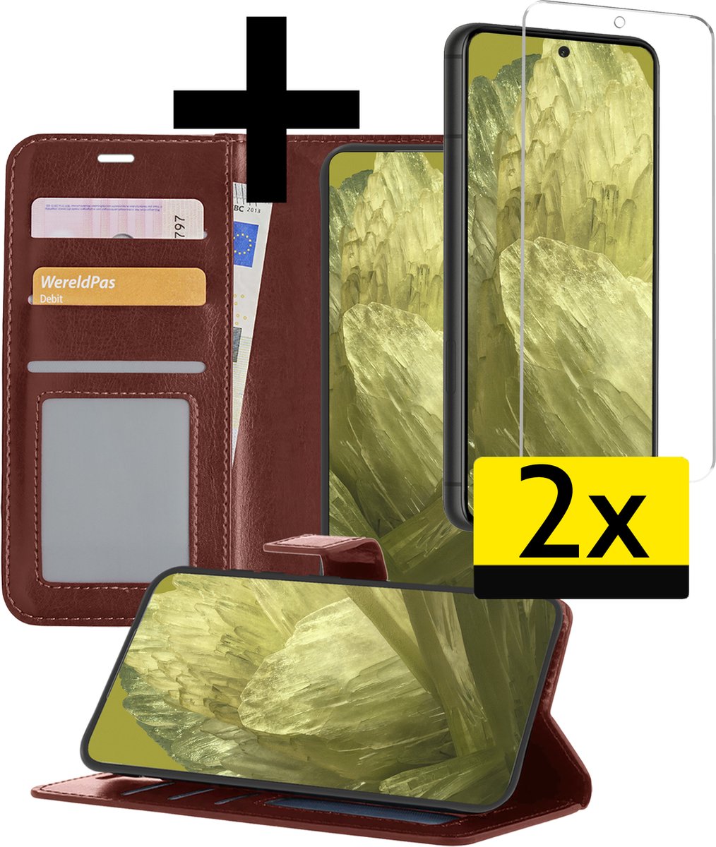 Hoesje - Met 2x Screenprotector - Geschikt voor Google Pixel 8a - Luxe Pasjeshouder - Bookcase Portemonee - Flip Case - Kunstleer Book Case - Flipcase Hoes - Book Cover - Walletcase - Portemonneehoes - Telefoonhoesjes - Bruin