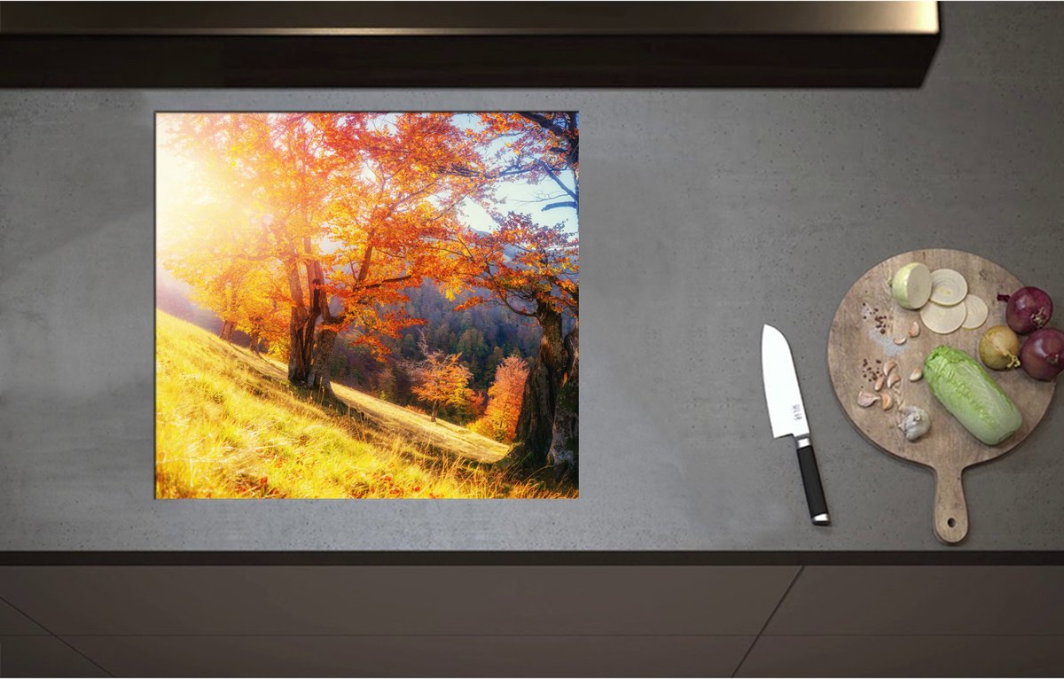 Inductieplaat Beschermer - Bomen op Rand van Berg in Herfst Tinten - 60x55 cm - 2 mm Dik - Inductie Beschermer - Bescherming Inductiekookplaat - Kookplaat Beschermer van Wit Vinyl
