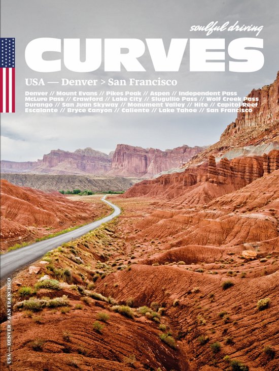 Cover van het boek CURVES met een weg die door rood gesteente en bergen slingert, met de tekst 'soulful driving' en reisroute USA - Denver > San Francisco.