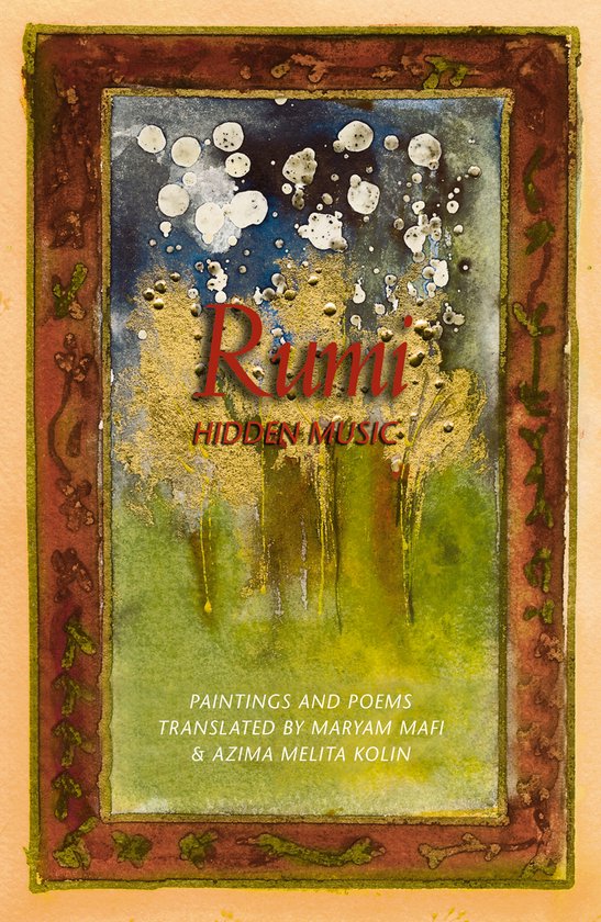 Illustration abstraite à l'aquarelle avec des accents dorés et le lettrage rouge 'Rumi Hidden Music'.